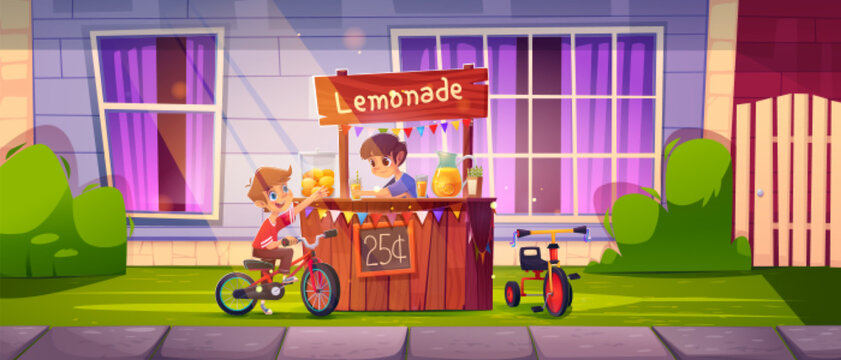 Lemonade sale stand with kid and bicycle cartoon vector illustration. Child sell lemon juice in jar to drink in summer on home backyard. Happy drink seller near wooden stall table and sunlight beam.