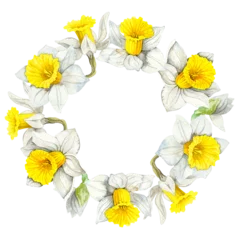 Foto op Canvas Botanical floral round wreath daffodils flowers. Round border. Floral frame isolated. Hand drawn illustration. © Nataliia