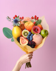 Abstract creative healthy concept, refreshing, fruity snack. Tropical fruit in a bouquet, a healthy diet gift for a girl. Illustration, Generative AI. - obrazy, fototapety, plakaty