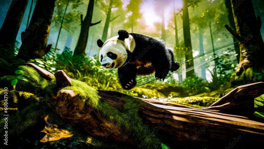 Aufkleber panda bear is jumping over log in forest filled with trees. generative ai.