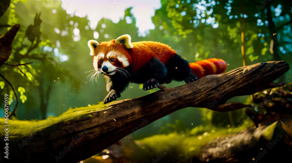 Poster red panda standing on tree branch in forest looking at the camera. generative ai.