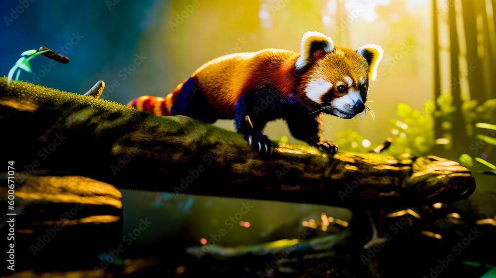 Aufkleber red panda walking on tree branch in forest with sunlight streaming through the trees. generative ai.