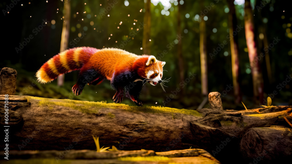 Aufkleber red panda running across log in forest with trees in the background. generative ai.