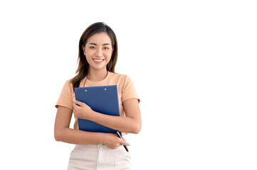 Image of young asian woman, company worker, smiling and holding file folder, standing over white background