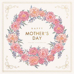 Mother's day square banner or greeting card design template with hand drawn floral wreath and golden frame on pink background. Vector illustration