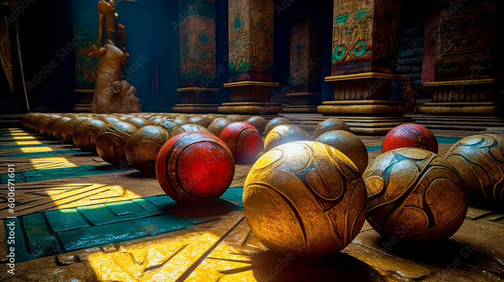 Poster group of balls sitting on top of floor next to statue. generative ai.