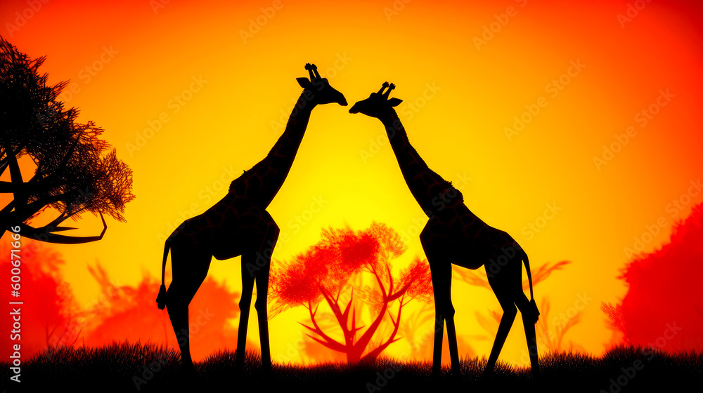 Poster couple of giraffe standing next to each other on field. generative ai.