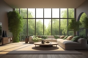 elegant living room green concept deseign with big windows generated ai