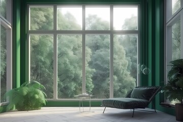 elegant living room green concept deseign with big windows generated ai