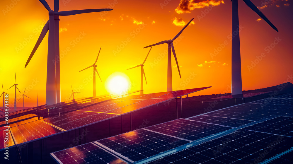 Poster solar panel with wind turbines in the background and sunset in the foreground. generative ai.