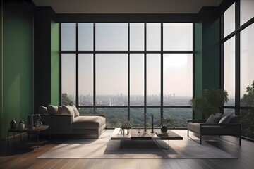 elegant living room green concept deseign with big windows generated ai