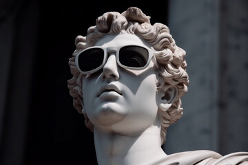 Apollo statue with  sunglasses and gradient background, closeup, Generative ai