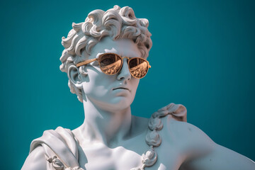 Obraz premium Apollo statue with sunglasses and gradient background, closeup, Generative ai