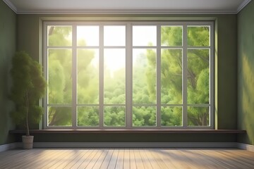 Obraz na płótnie Canvas elegant living room green concept deseign with big windows generated ai