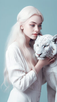 Cute blonde woman with long blond hair with white albino tiger on light background. Generative AI. High quality illustration