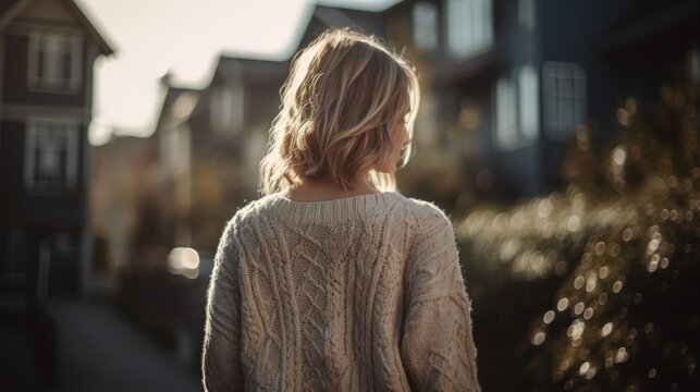 urban blonde young woman wearing sweater and jeans in the street, generative ai