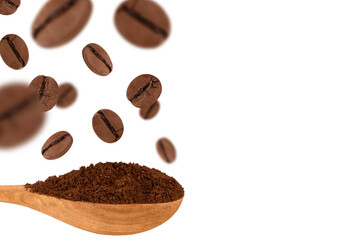 A heap of ground coffee in a wooden spoon and levitation of coffee beans isolated on a transparent background.