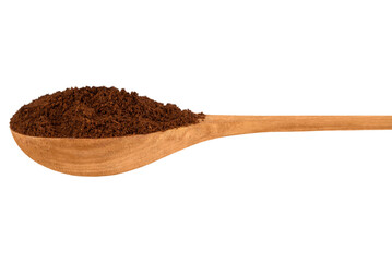 A heap of ground coffee in a wooden spoon isolated on a transparent background.