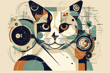 Bauhaus style illustration. illustration of a cat head with abstract background. retro style. Generative AI