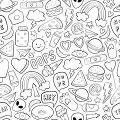 cute monochrome seamless pattern with cartoon doodles, retro clip art for coloring pages, prints, textile, wallpaper, scrapbooking, packsging, etc. EPS 10