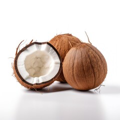 Whole coconut and a organic raw fresh ripe coconut open in half Generative AI Illustration