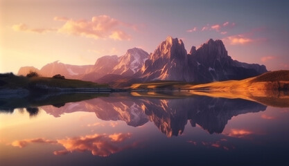 Naklejka na ściany i meble Mountains at sunset reflected in the lake. Generative AI.