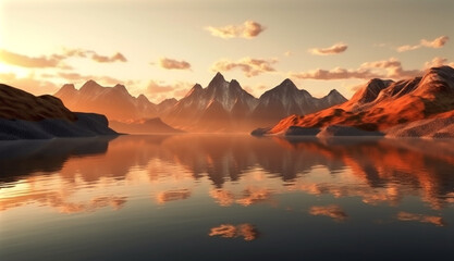 Mountains at sunset reflected in the lake. Generative AI.