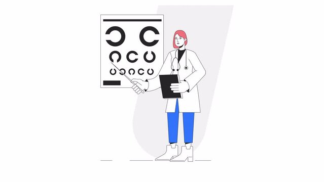 Vision eye test animation. Animated female ophthalmologist 2D cartoon flat colour line character. Optician eye chart 4K video concept footage on white with alpha channel transparency for web design