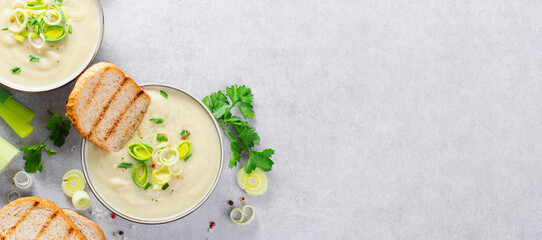 Leek Soup, Comfort Meal, Potato and Leek Creamy Soup, Vegetarian Food on Bright Background