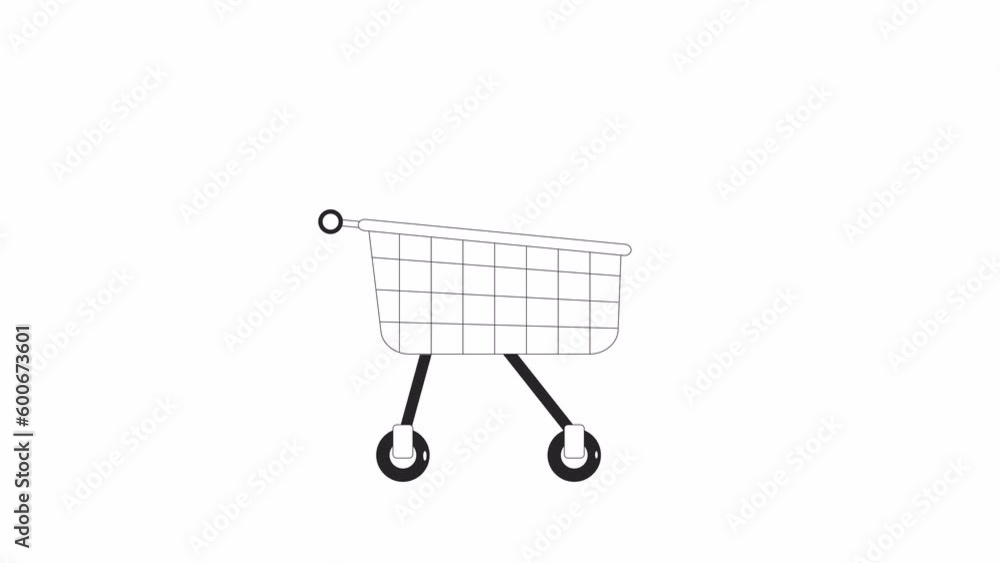 Poster animated bw rolling shopping cart. black white thin line icon 4k video footage for web design. pushc