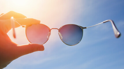 Hand holding stylish round sunglasses against bright sky and sun background. Wearing sunglasses on...