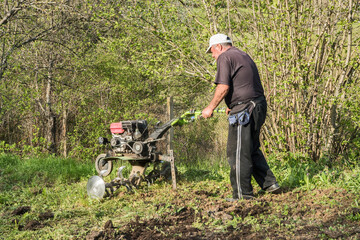 Man works with agricultural motor cultivator in farm garden