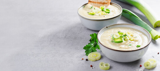 Leek Soup, Comfort Meal, Potato and Leek Creamy Soup, Vegetarian Food on Bright Background