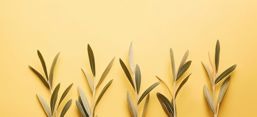 Fototapeta na wymiar close up olive tree branch on yellow background, idea for organic super food theme, Generative Ai