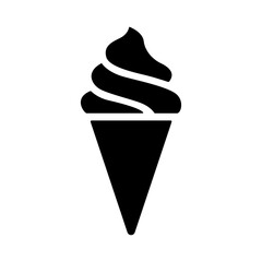 Ice cream icon, black silhouette on white. Soft gelato in waffle cone, segmented shape in stencil style. Vector element for minimalist summer design and print, street food illustration or logo.
