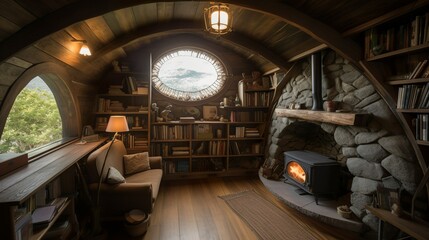 Comfy and cozy wooden hobbit house interior with stucco and bookshelf ,AI generated,AI generated