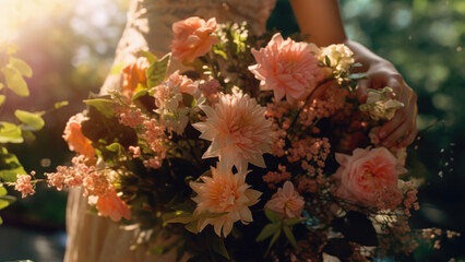 Wedding bride holding a bouquet of flowers at her wedding - Generative AI