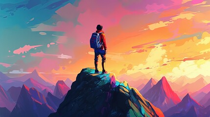 illustration of successful theme concept, a backpacker on the mountain peak with gradient sunset twilight sky beautiful scenery, Generative Ai - obrazy, fototapety, plakaty
