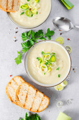 Leek Soup, Comfort Meal, Potato and Leek Creamy Soup, Vegetarian Food on Bright Background