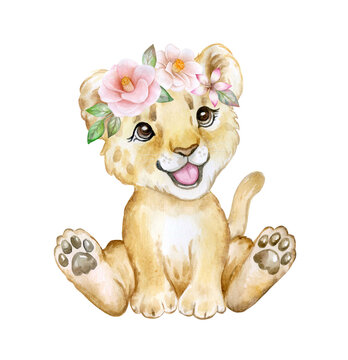 Cute lion cub in a flower wreath isolated on white background. Lion baby. African animals. Safari. Illustration. Template. Hand drawn. Greeting card design. Clip art.