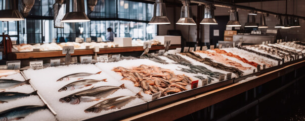 Raw fish market, wet market or fresh seafood market. Hand edited generative AI.