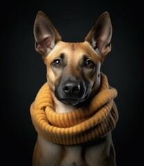 Obraz premium cute smiling Belgian Malinois with scarf in a grey background, portrait created by generative AI technology.