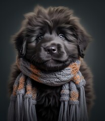 Obraz premium cute smiling Newfoundland dog with scarf in a grey background, portrait created by generative AI technology.