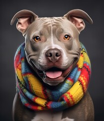 cute smiling Staffordshire Bull Terrier with scarf in a grey background, portrait created by generative AI technology.