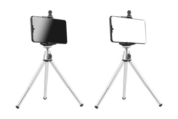 tripod with telephonemo, blank screen, tripod isolated from background. Сopy spaсe