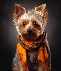 cute smiling Silky terrier dog with scarf in a grey background, portrait created by generative AI technology.