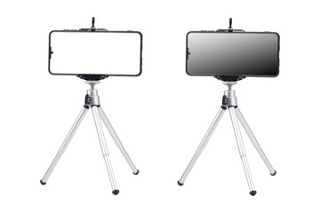 tripod with telephonemo, blank screen, tripod isolated from background. Сopy spaсe