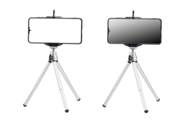 tripod with telephonemo, blank screen, tripod isolated from background. Сopy spaсe