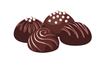 Chocolate candy truffles isolated on white background. Vector cartoon illustration. Sweet food icon.