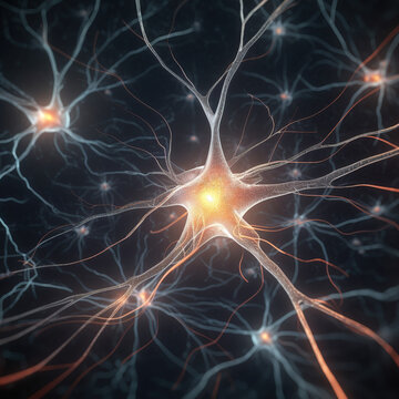 Neuronal network with electrical activity of neuron cells AI generated illustration. Neuroscience, neurology, nervous system and impulse, brain activity, microbiology concepts.